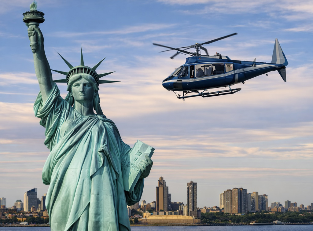 Statue de la liberté avec un hélicoptère au dessus de la skyline